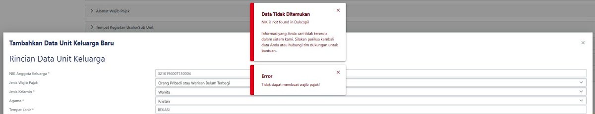 findingtaesan's tweet photo. tadi saya coba menambahkan daftar unit keluarga di coretax, tapi keterangannya seperti dibawah ini. padahal NIKnya sudah sesuai dengan kartu keluarga. solusinya bagaimana ya?  @kring_pajak https://t.co/BzC8ch6Sov