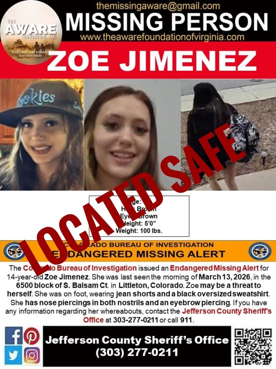 UPDATE: ZOE has been located and is SAFE.  

 #TheAWAREFoundationInc