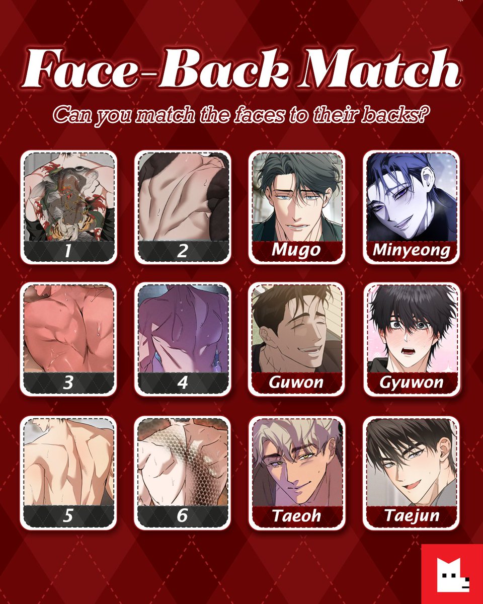 LezhinComics_US's tweet image. Don’t judge them by 𝙩𝙝𝙚𝙞𝙧 𝙛𝙖𝙘𝙚𝙨…
Can you match their faces to their backs?

💫𝗠𝗲𝗲𝘁 𝘁𝗵𝗲𝗺 𝗻𝗼𝘄 
▶️ tinyurl.com/yc3uxu86

#MatchingGame #LezhinUS #LezhinComics