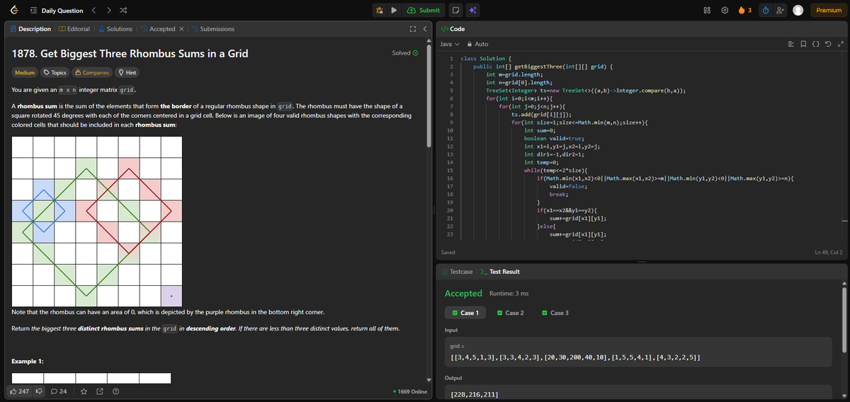 AdarshKumar206's tweet photo. Round 1 of #100DaysOfCode
Day 23 of #100DaysOfCode on #leetcode #DSA #LearnInPublic #buildinpublic #remote #connect #remotework #remotejob #java #coding #programming #100daysofcodechallenge #developer #SystemDesign

Problem 1878 : Get Biggest Three Rhombus Sums in a Grid https://t.co/BqaUmKBqRe