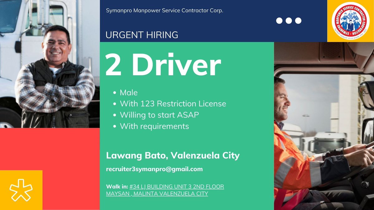 Symanpro1's tweet photo. SYMANPRO MANPOWER IS ON URGENT HIRING!
POSITION: DRIVER
WORK LOCATION: LAWANG BATO, VALENZUELA CITY
SEND US YOUR RESUME: RECRUITER3SYMANPRO@GMAIL.COM
CALL US: 0917-311-5061/ 0917-318-5079
#symanpro #driver #hiringnow #ApplyNow #trendingpostchallenge #fypageシシ #ValenzuelaCity https://t.co/aqmXkm0h5R