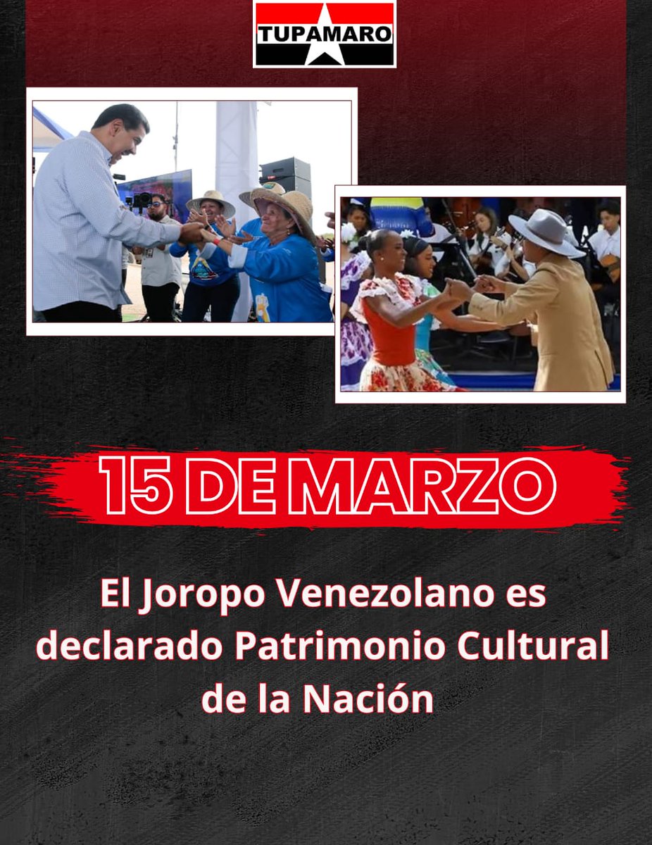 Venezuela celebra hoy el Día Nacional del Joropo.

El Joropo es una expresión de identidad y diversidad de nuestra nación que nos recuerda nuestras raices y nos permite reconocer nuestra historia y que somos.

<a href="/NicolasMaduro/">Nicolás Maduro</a> 
<a href="/dcabellor/">Diosdado Cabello R</a> 
<a href="/TupamaroMRT_/">Movimiento Revolucionario TUPAMARO Vzla.</a>