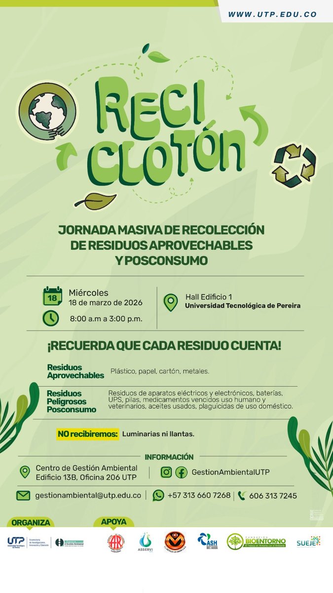 BIOENTORNO's tweet photo. Prográmate para nuestra Gran Jornada de Reciclatón UTP

Este miércoles 18 de marzo tendremos un nuevo espacio para que la comunidad universitaria entregue de manera responsable aquellos residuos que ya cumplieron su ciclo de vida. https://t.co/23HffnsbCP