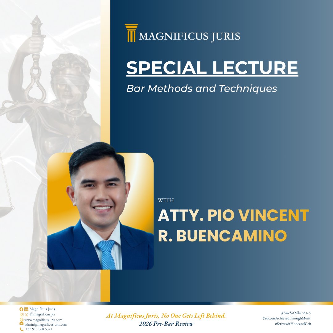 magnificusph's tweet photo. NOW STREAMING on the MyMagnificus Portal: "Bar Methods and Techniques" by Atty. Pio Vincent R. Buencamino- Rank 8th in the 2023 Philippine Bar Examinations.
Log in to access the video today: https://t.co/mhS1V38RqN
#noonegetsleftbehind
#AweSAMbar2026
#StrivewithHopeandGrit https://t.co/Ob3JtAlbJX