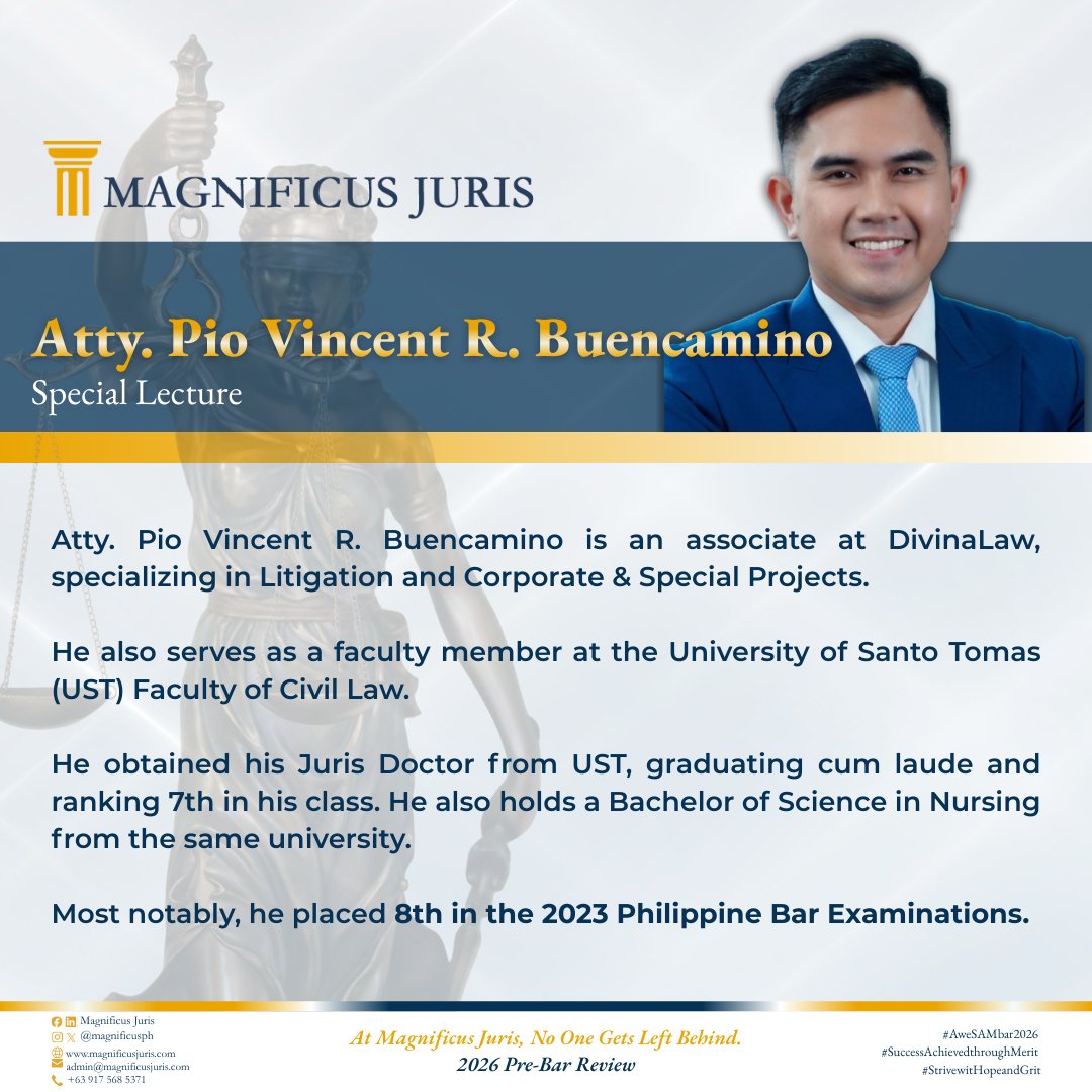 magnificusph's tweet photo. NOW STREAMING on the MyMagnificus Portal: "Bar Methods and Techniques" by Atty. Pio Vincent R. Buencamino- Rank 8th in the 2023 Philippine Bar Examinations.
Log in to access the video today: https://t.co/mhS1V38RqN
#noonegetsleftbehind
#AweSAMbar2026
#StrivewithHopeandGrit https://t.co/Ob3JtAlbJX