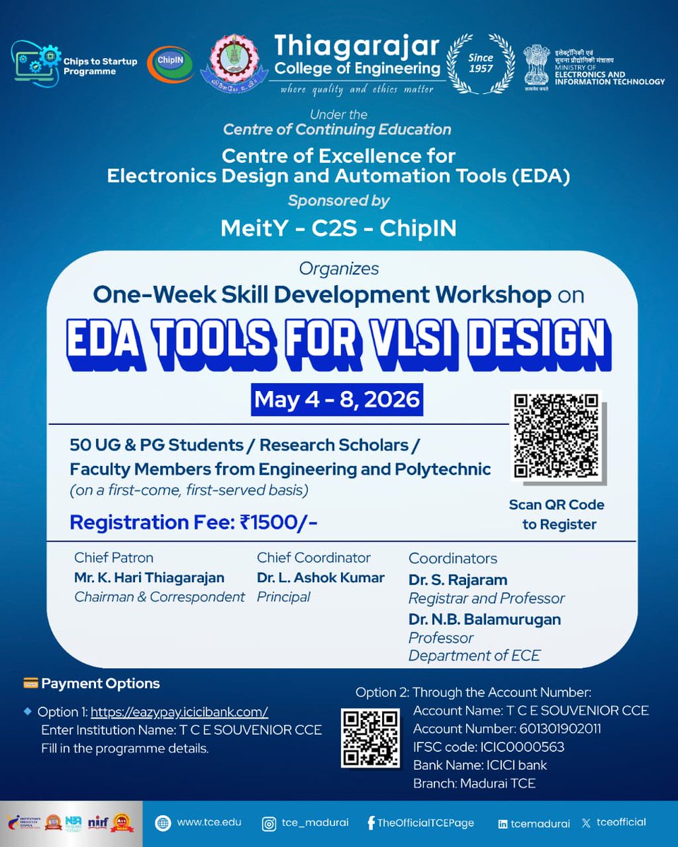 tceofficialpage's tweet photo. ⚡ EDA Tools for VLSI Design | 1-Week Skill Workshop – TCE
Under MeitY–C2S ChipIN Programme
📅 May 4–8, 2026
🎓 UG/PG, Faculty &amp; Research Scholars
👥 50 seats | 💰 ₹1500
Learn VLSI design using EDA tools.
#TCE #ChipIN #C2SProgramme #VLSI #EDATools #Semiconductor https://t.co/pv7ZNFCYiF