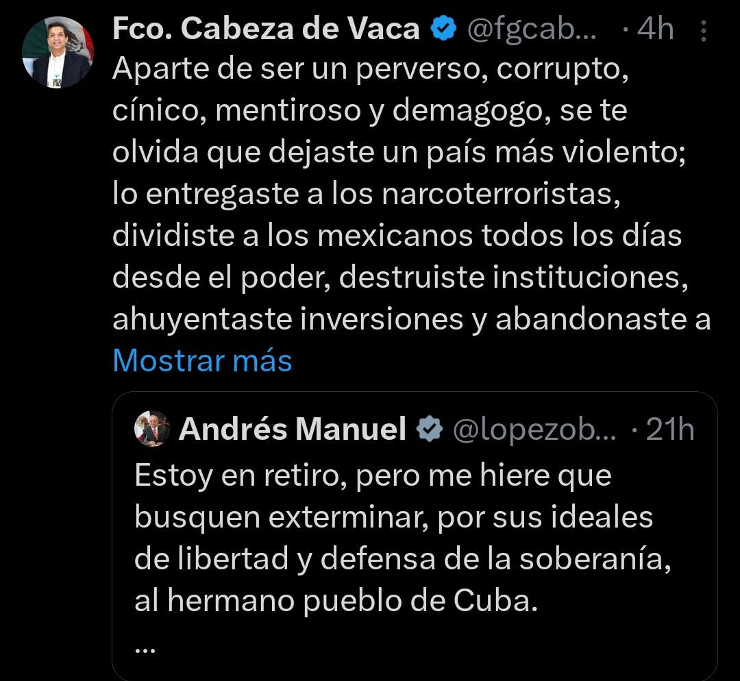 Un corrupto prófugo de la justicia, con múltiples carpetas abiertas como <a href="/fgcabezadevaca/">Fco. Cabeza de Vaca</a>, no tiene autoridad moral para acusar a AMLO de nada. Su gobierno en Tamaulipas fue brutal: violencia, masacres, desapariciones y un narcoestado hundido en el miedo. Cinismo puro.