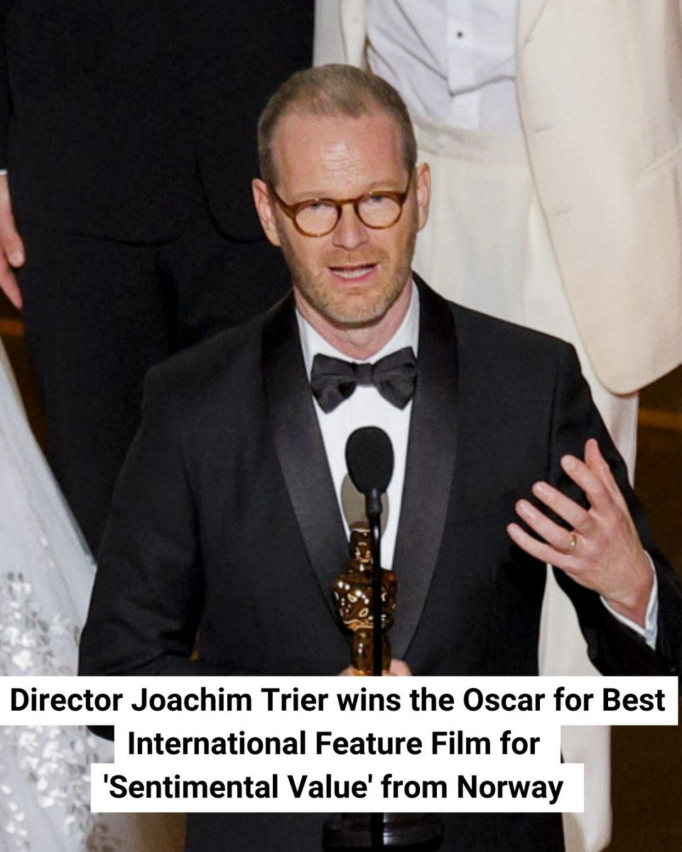 Calcutta_Times's tweet photo. A proud moment for Norway! Joachim Trier wins the Oscar for Best International Feature Film for Sentimental Value at the Academy Awards. 🏆🎬
#JoachimTrier #SentimentalValue #Oscars2026 #AcademyAwards #BestInternationalFeature #OscarWinner #WorldCinema #FilmAwards #NorwayCinema https://t.co/D2oQ0dgR9R