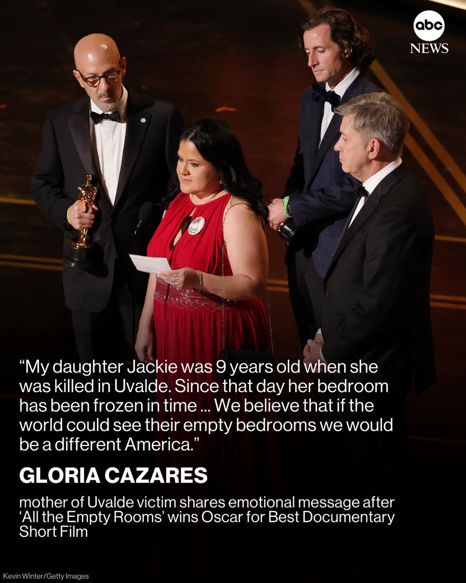 "All the Empty Rooms" took home the Oscar for Best Documentary Short Film. 
 
Onstage, Gloria Cazares — the mother of 9‑year‑old Jackie Cazares, who was killed in the Uvalde school shooting — shared a brief message during the acceptance speech.

Read more: abcnews.link/8opKRHF