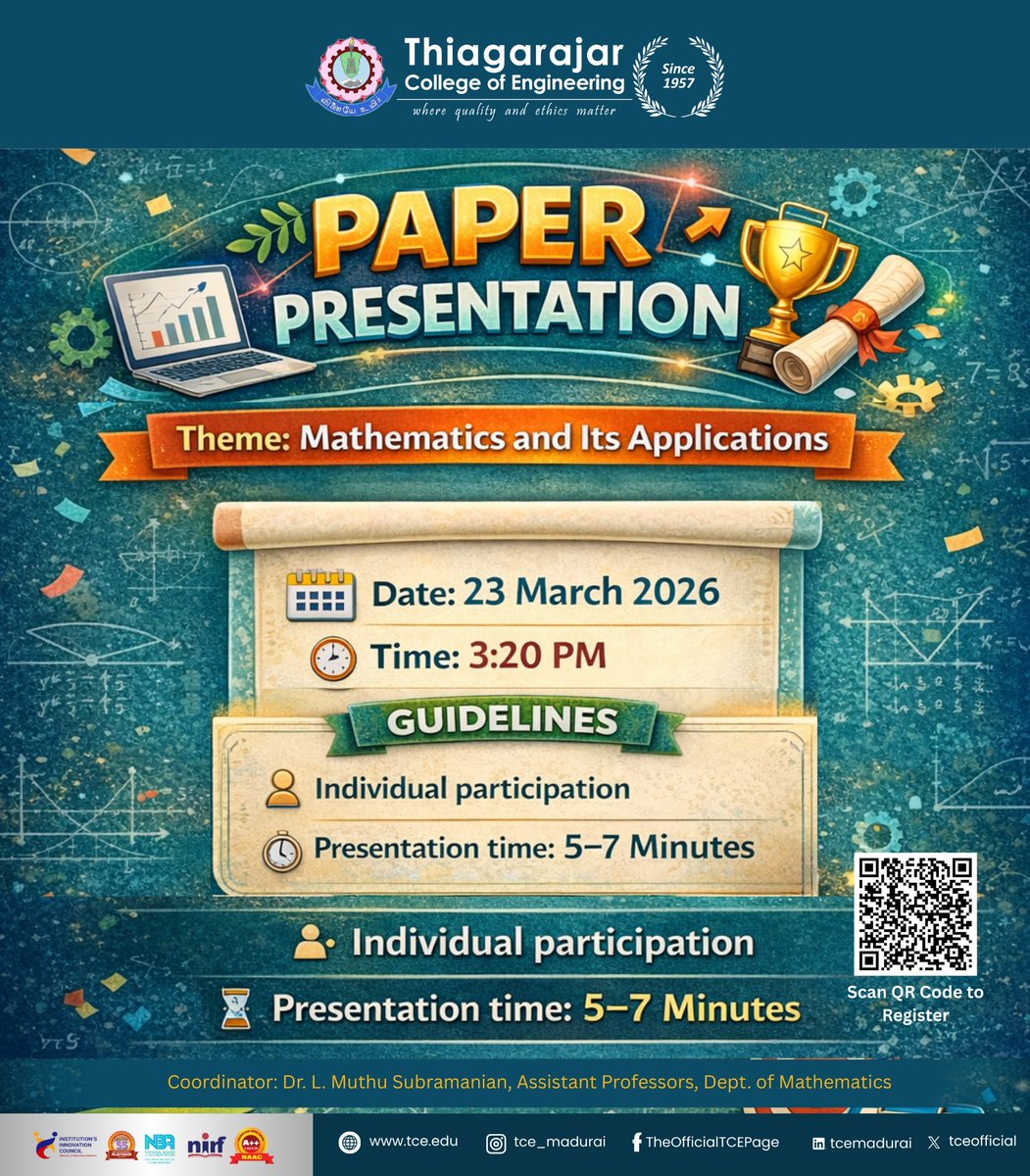 tceofficialpage's tweet photo. 📄 Paper Presentation | Math Club – TCE
Theme: Mathematics and Its Applications
📅 Mar 23, 2026 | ⏰ 3:20 PM
👤 Individual | ⏱ 5–7 min presentation
Explore real-world applications of mathematics.
#MathClub #PaperPresentation #Mathematics #MathApplications #tcenelcalafate https://t.co/oimrKdMoHi