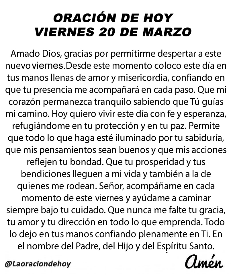 Oración diaria para hoy viernes 20 de marzo de 2026.