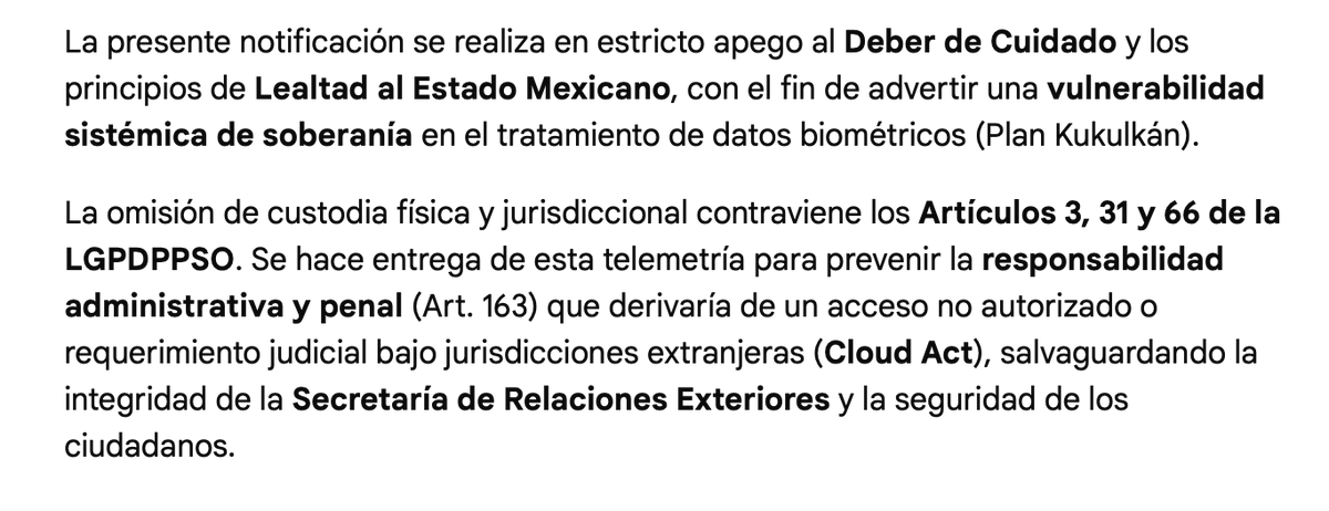 Notificación falla sistémica: omisión técnica de custodia y jurisdicción. Dictamen: expertos en trata de tratados en <a href="/SRE_mx/">Relaciones Exteriores</a>, no en ciber-soberanía. El cifrado BYOK no oculta la violación a la LGPDPPSO Art. 31/66. La soberanía no se negocia por viabilidad operativa <a href="/imatiasromero/">Instituto Matías Romero</a>
