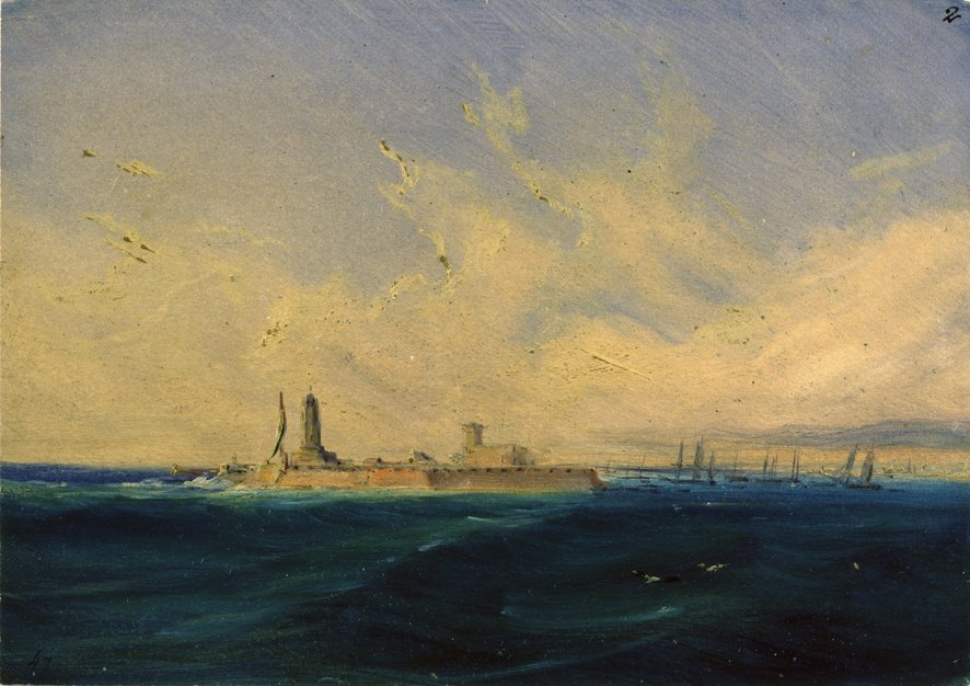 "Isla y castillo de San Juan de Ulúa en #Veracruz" 
(Ca. 1831-1832), por M. Rugendas.

La pintura muestra a la fortaleza de Ulúa en una vista de Oeste a Este. A su izq., el fanal giratorio junto con una gran bandera, y a la der., el Caballero Alto con su mirador para el vigía.