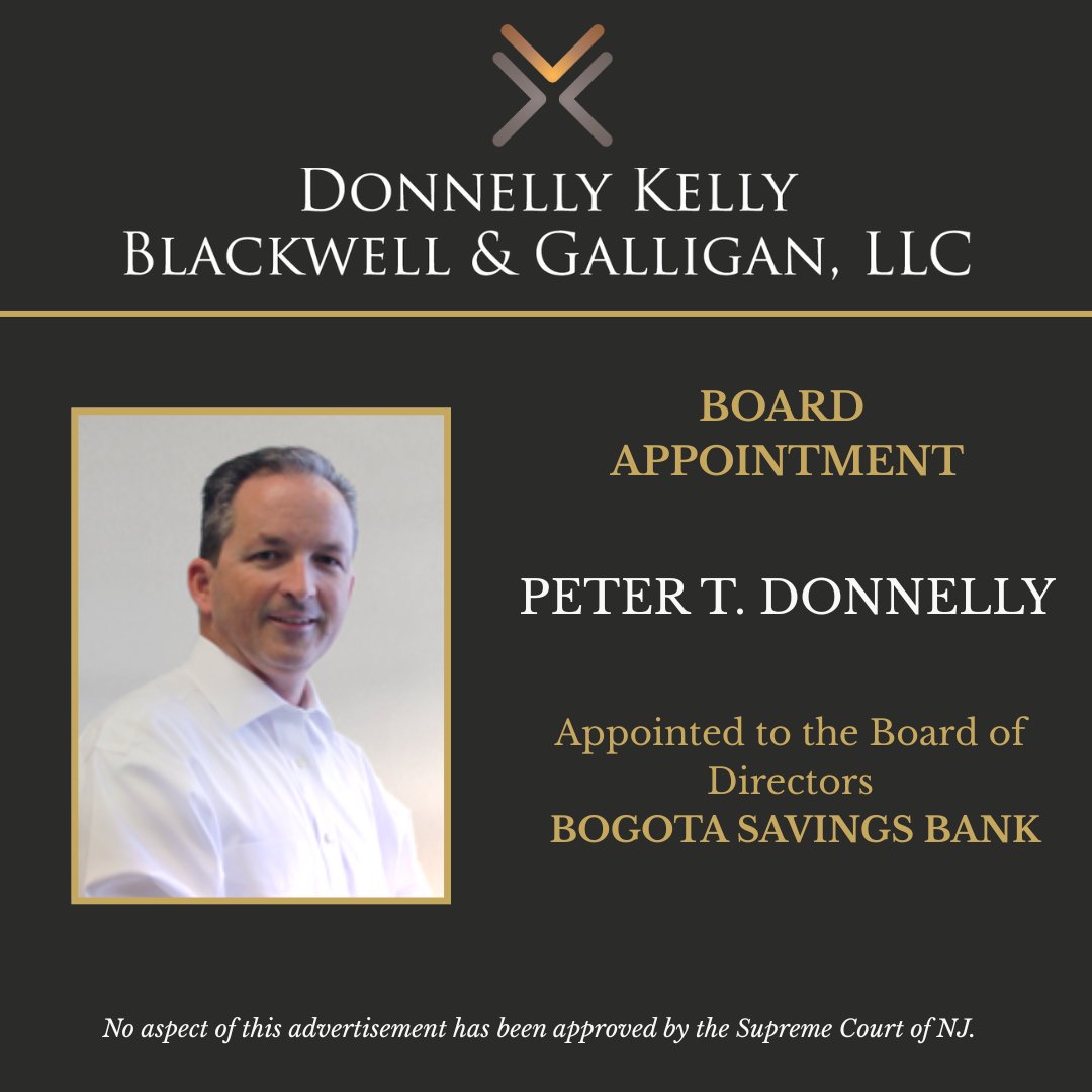 DKBGlawgroup's tweet photo. We are proud to share that Peter T. Donnelly was appointed to the Board of Directors of Bogota Savings Bank. This appointment reflects his leadership, experience, and commitment to strong governance. Congratulations to Peter on this well-deserved appointment. https://t.co/dwYybhaBBK