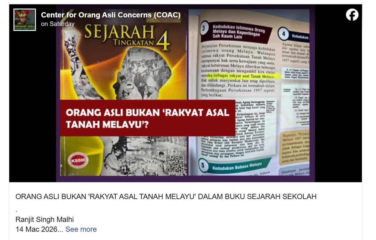jameschin110's tweet photo. RENOWNED historian Ranjit Singh Malhi has apparently rued the fact that Orang Asli have almost disappeared from Malaysian secondary school history textbooks today.

There is no reference to them as the indigenous people or “first people” of Peninsular Malaysia despite a 2019 Form Four History textbook having described them as “the original people of Tanah Melayu“.“To me, the erasure of this basic historical truth is nothing less than an ‘intellectual crime’,” he opined in a recent statement posted on the Facebook page of NGO Centre for Orang Asli Concerns (COAC).“Previous generations of Malaysian history textbooks acknowledged the Orang Asli with honesty and respect, providing pupils with a proper account of their existence and recognising them as the ‘original inhabitants of Tanah Melayu“.”

“Malaysia was not built by a single ethnic or religious group. It was forged through the blood, sweat, sacrifice and hard work of the many communities – of different ethnicities, cultures and beliefs – who together shaped this country. “History must be told as it really happened, not as we wish it to happen. Only when history is told honestly and inclusively can it achieve its highest purpose: to unite a nation and inspire its people.”

Prior to defending the Oramg Asli, Ranjit has previously heavily criticised Malaysian history textbooks for omitting or downplaying the crucial role of Yap Ah Loy in re-building and developing Kuala Lumpur. He argues that modern KL was developed largely by Yap Ah Loy, arguing against attempts to diminish the roles of Chinese and Indian pioneers. As the Orang Asli community vouched for the correctness of Ranjit’s statement, rightists – presumably those with Malay supremacy complex – accused him of trying “to pit the Bumiputera (son of the soil) community in a fight”. – March 16, 2026

#Malaysia #SpeakTruth #FirstPeople #FakeHistory 
https://t.co/9dfwfb3Pdk