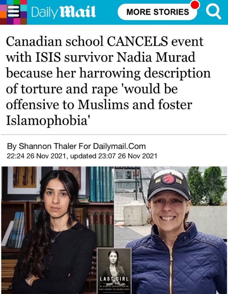 Nadia was kidnapped, raped and sold by lSlS!
Her 6 brothers were killed for refusing to convert to lslam, and her mother was killed too for being too old to be used as sex slave!

Canada cancelled her event, where she was supposed to talk about the rape of Yezidi women by lSlS!