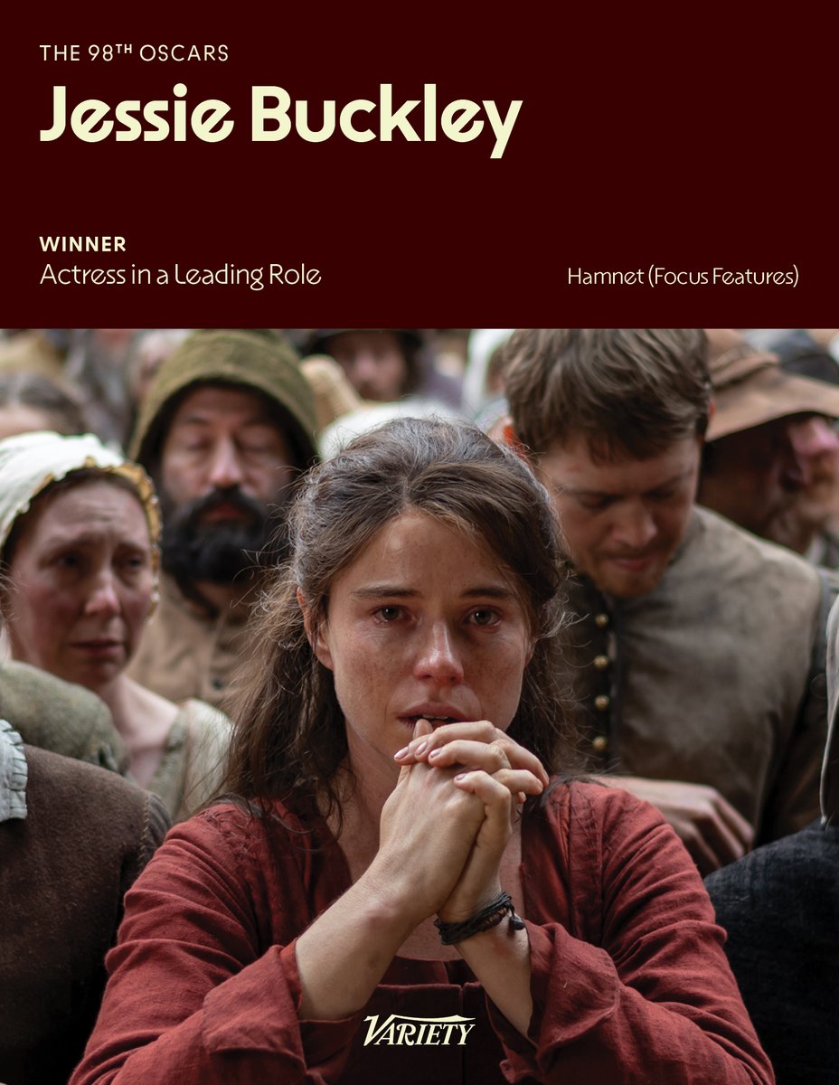 Variety's tweet photo. #Oscars: Jessie Buckley wins Best Actress for “Hamnet”

See the full list of winners: https://t.co/8VOtukheSD https://t.co/izMkZK67y4