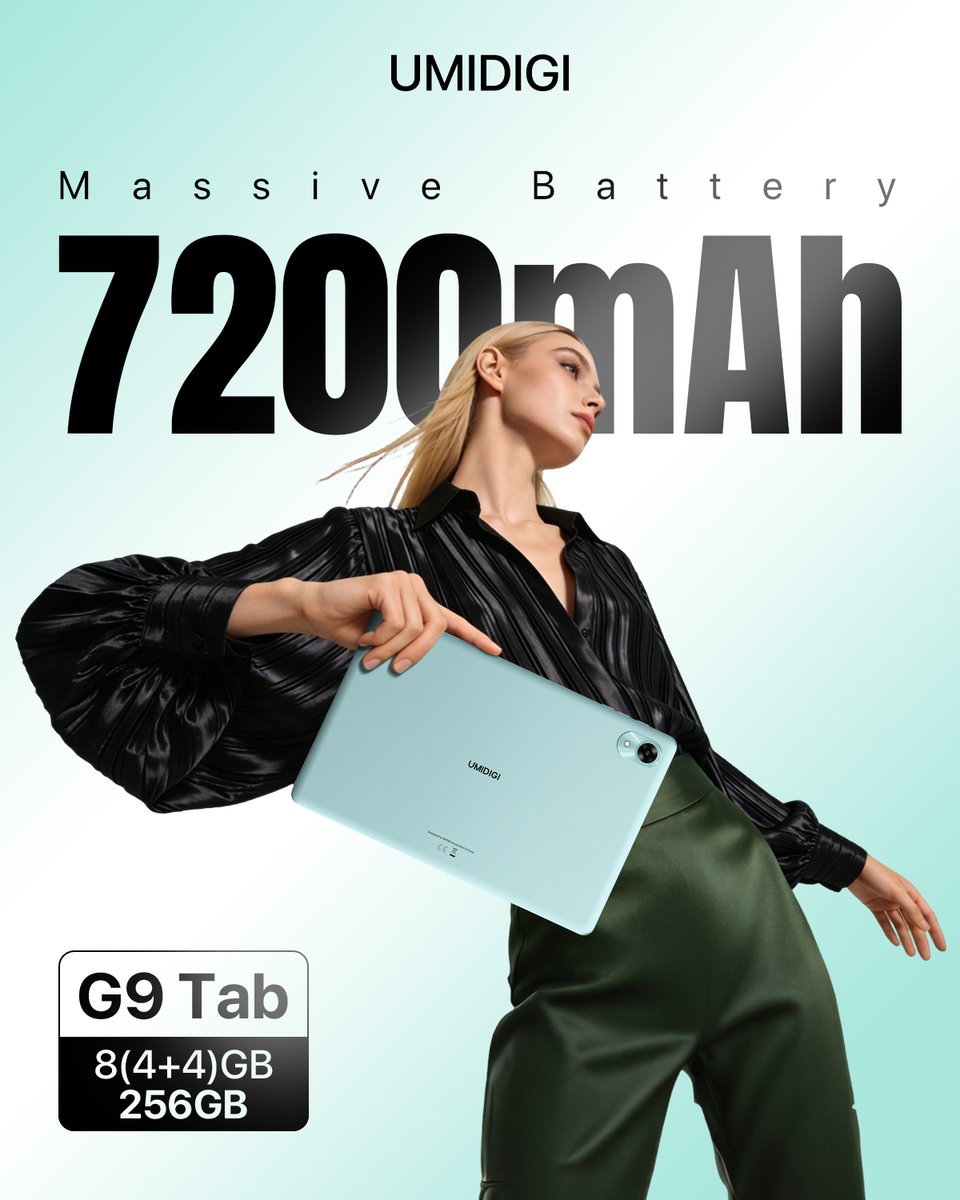 umidigi's tweet photo. ⚡️ Workdays demand a device that keeps up with your pace. #G9Tab tablet packs a powerful 7200mAh massive battery to breeze through tasks without hunting for an outlet. 🔋📱💼
*Up to 8GB RAM (4GB RAM + 4GB Extended RAM)
Amazon🛒https://t.co/3MPznS0S4Q https://t.co/Ir5zzTrmGG
