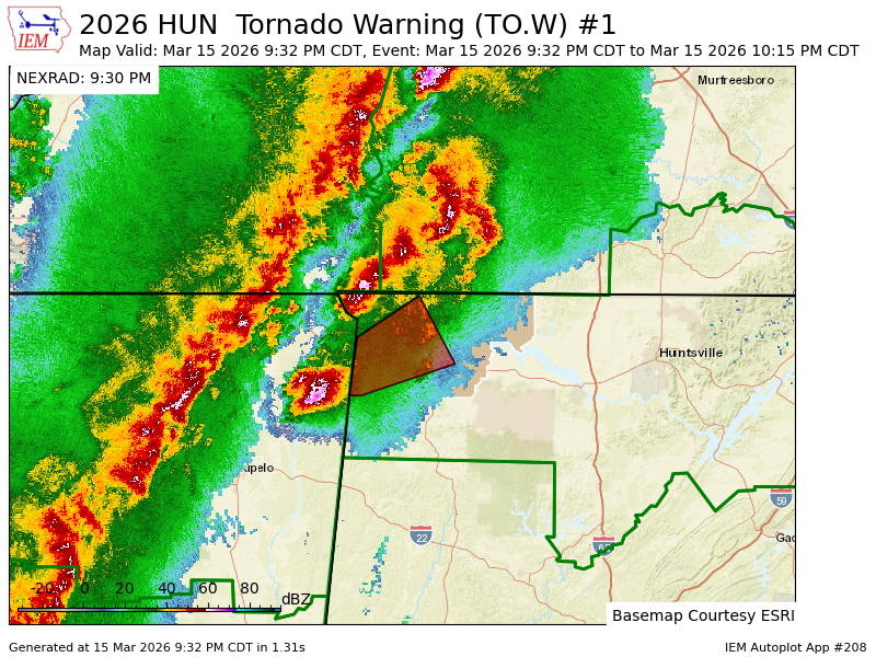 spann's tweet photo. HUN issues Tornado Warning [tornado: RADAR INDICATED, hail: 1.00 IN] for Colbert, Lauderdale [AL] till 10:15 PM CDT https://t.co/531wcCbY3e https://t.co/hVSK5Y8vw4