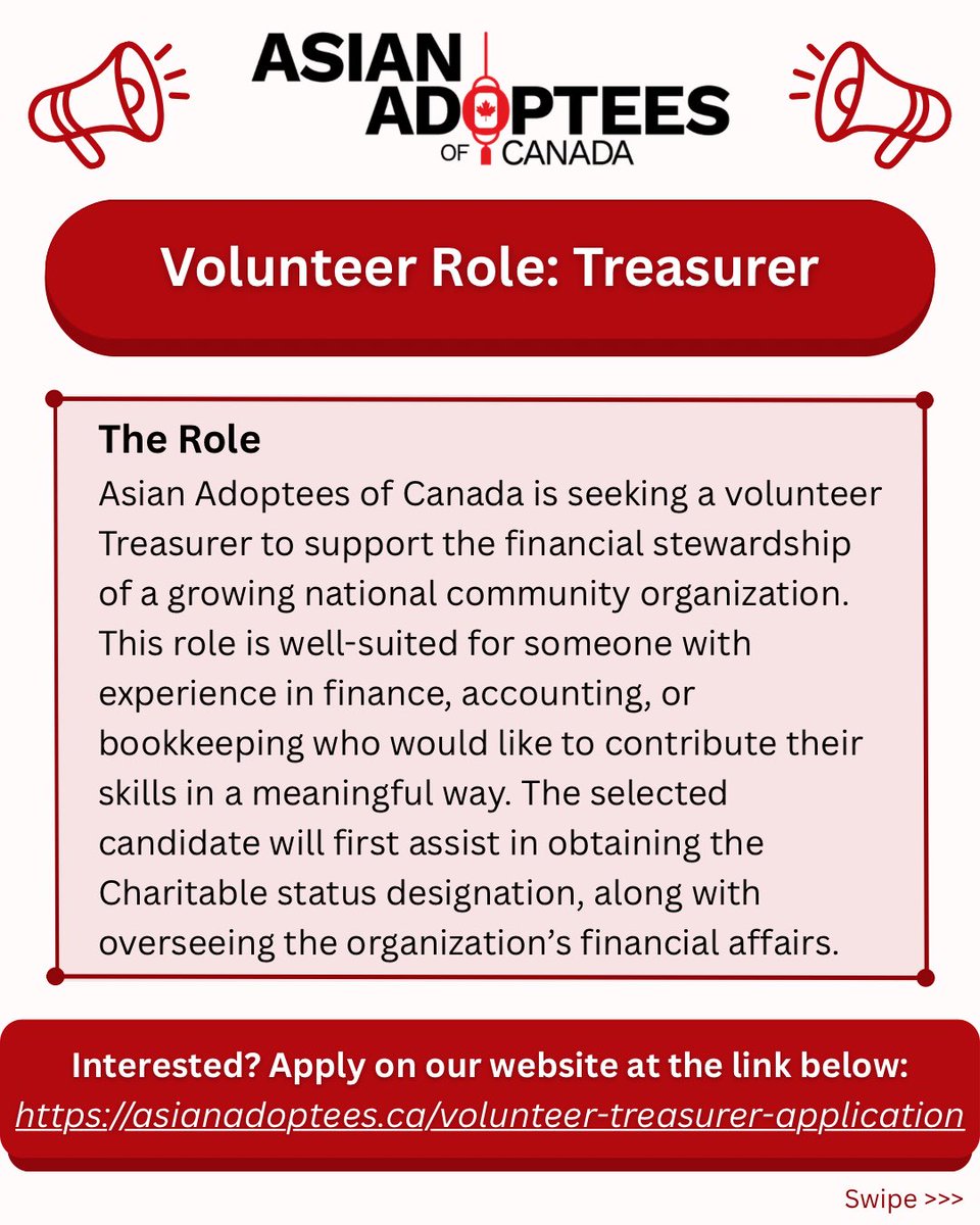Asian Adoptees of Canada is currently accepting applications on our website for a Volunteer Treasurer.

Applications are open to individuals across Canada and you do not need to be an adoptee to apply. The deadline to apply is March 31, 2026.

asianadoptees.ca/volunteer-trea…
