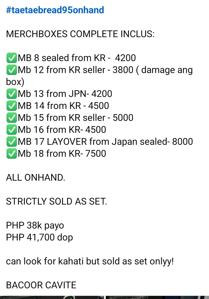Taetaebread95's tweet photo. SUPER SALE for Goyang Con Funds

Must take all

Selling for 32k only payo - 8 merchboxes

complete 7 solo era plus sealed mb8

Can look for kahati but will only transact to 1 person.

#btsmerchbox https://t.co/XWHZ9D0P7u
