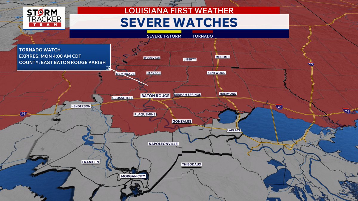 AlexNoelWx's tweet photo. TORNADO WATCH (Issued until 4:00 am, Mon.) for parishes/ counties along and north of I-10/I-12. | a Tornado Watch has been issued for the area. Make sure your weather alerts are enabled and loud enough to wake you up if needed. 

#lawx #mswx #Louisiana #severewx #WeatherUpdate https://t.co/CV87Hl0swN