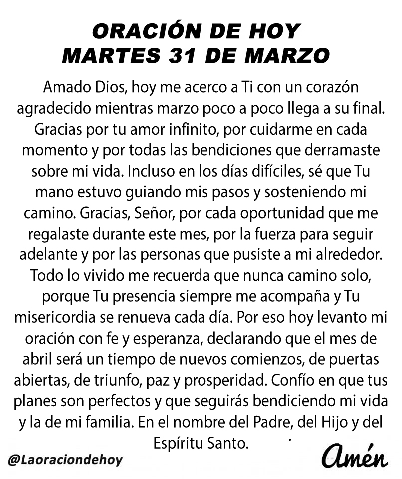 Oración diaria para hoy martes 31 de marzo de 2026.