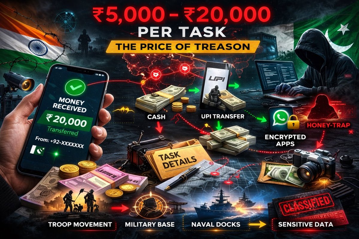 HemanNamo's tweet photo. [5/6]
💸 THE PRICE OF TREASON

How much does espionage cost today?

Just ₹5,000 – ₹20,000 per task.

Handlers used:
• Micro-payments
• Social media contact
• Honey-trap style recruitment

Modern espionage is no longer spy movies.

It’s cheap, digital and decentralized. https://t.co/DtP0GNOcht