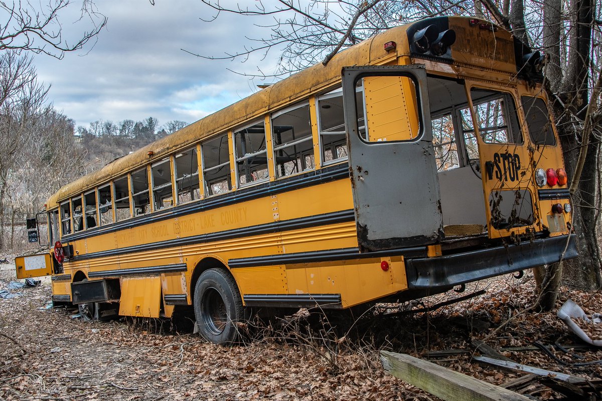 The remains of an abandoned lumber company on the Monongahela River in the city of Brownsville, Pennsylvania. Also a strange addition to the site, an abandoned former school bus from Wickliffe, Ohio (Northeast Ohio). There HAS to be a story there...