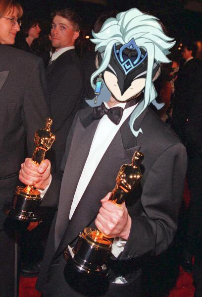 Actor Zandik photographed with his two Oscars following his wins for „Nod Krai“ at the Academy Awards