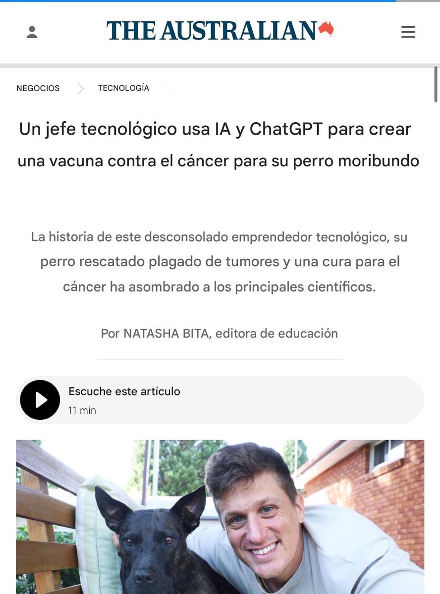 TuiteroSismico's tweet photo. CURA CANCER ?! 
Esto es una locura un hombre común y corriente crea una vacuna contra un cancer que tenía su perrita !! 

Un informático en Australia, adopta una perrita rescatada con cáncer, solo tenía unos meses de vida. Paga 3000 dólares para secuenciar el ADN de su tumor y lo introduce en ChatGPT y AlphaFold. El Sin conocimientos de biología, Identifica proteínas mutadas y las relaciona con dianas farmacológicas. 
Diseña una vacuna de ARNm personalizada contra el cáncer desde cero!
 Un profesor de genómica se queda atónito al ver que un amante de los perros lo ha hecho por su cuenta.
Necesita aprobación ética para administrarla y La burocracia tarda más que diseñar la vacuna, luego de 3 meses, finalmente es aprobada!!
Conduce 10 horas para ponerle a Rosie su primera inyección, tras esto El tumor se reduce a la mitad, el pelaje vuelve a brillar, su perrita está viva y feliz

Un científico dice: «Si podemos hacer esto por una perra, ¿por qué no lo aplicamos a los humanos?»

Un hombre con un chatbot y 3000 dólares ha superado a toda la industria farmacéutica.

Vamos a curar muchísimas enfermedades… si los laboratorios lo permiten !! 

Y si es cierta esta historia!
