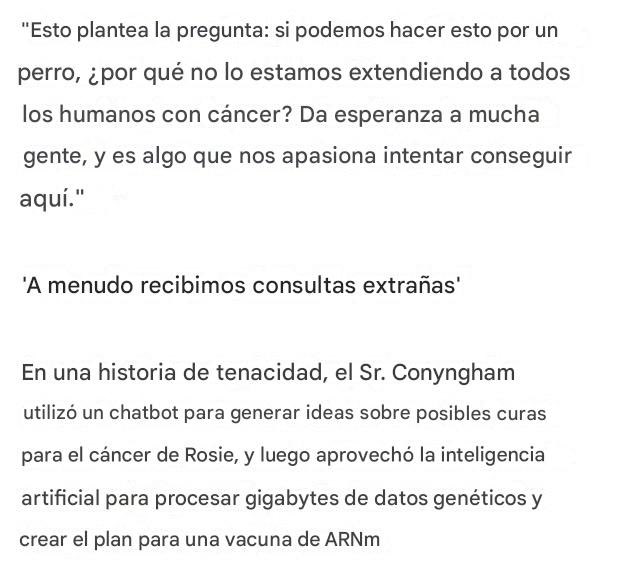 TuiteroSismico's tweet photo. CURA CANCER ?! 
Esto es una locura un hombre común y corriente crea una vacuna contra un cancer que tenía su perrita !! 

Un informático en Australia, adopta una perrita rescatada con cáncer, solo tenía unos meses de vida. Paga 3000 dólares para secuenciar el ADN de su tumor y lo introduce en ChatGPT y AlphaFold. El Sin conocimientos de biología, Identifica proteínas mutadas y las relaciona con dianas farmacológicas. 
Diseña una vacuna de ARNm personalizada contra el cáncer desde cero!
 Un profesor de genómica se queda atónito al ver que un amante de los perros lo ha hecho por su cuenta.
Necesita aprobación ética para administrarla y La burocracia tarda más que diseñar la vacuna, luego de 3 meses, finalmente es aprobada!!
Conduce 10 horas para ponerle a Rosie su primera inyección, tras esto El tumor se reduce a la mitad, el pelaje vuelve a brillar, su perrita está viva y feliz

Un científico dice: «Si podemos hacer esto por una perra, ¿por qué no lo aplicamos a los humanos?»

Un hombre con un chatbot y 3000 dólares ha superado a toda la industria farmacéutica.

Vamos a curar muchísimas enfermedades… si los laboratorios lo permiten !! 

Y si es cierta esta historia!