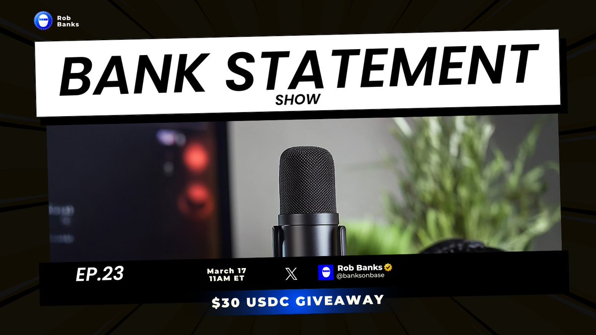 Starts in 1 hour — Bank Statement EP.23

Pull up for money talk, market talk, and the kind of convo that usually sparks a few hot takes. 🔥

🎧 x.com/i/spaces/1qGoN…
🎙 <a href="/Mbongo45/">Mbongo</a> &amp; <a href="/RobBanks_OG/">Mr.Banks</a>
🎁 $30 USDC (3×$10)

Rules: Follow <a href="/banksonbase/">Rob Banks</a>, Like, RT, tag 2, and be present