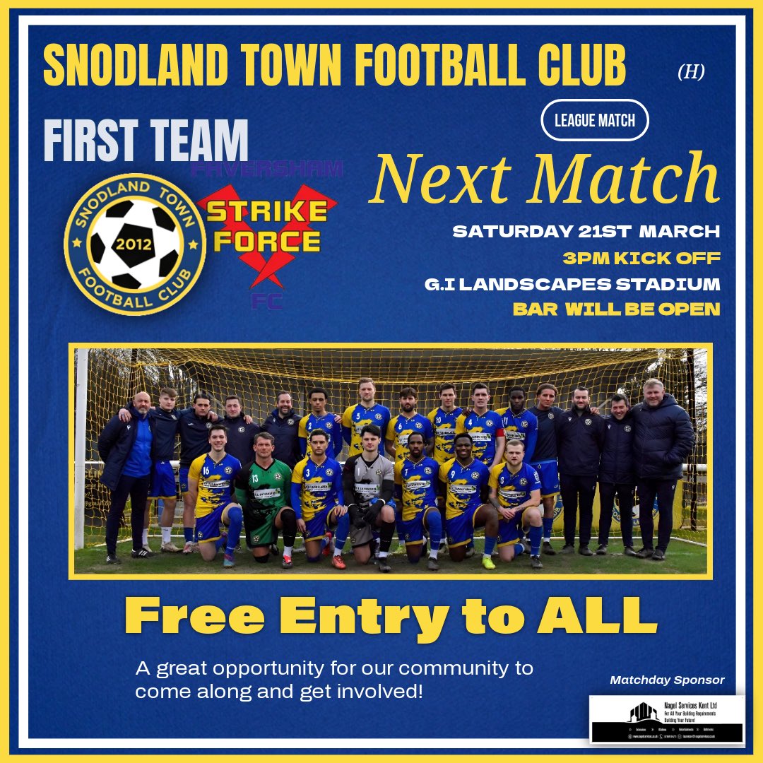 Next up for Snodland Town First Team we host <a href="/StrikeForce_FC/">Faversham Strike Force FC ⚡️</a> in the <a href="/SCEFLeague/">Presence & Co. SCEFL League</a> on Saturday! 

This fixture is free entry for all so come on down and cheer the lads on!💪🏻

📅 Saturday 21st March
🏟️ G.I Landscapes Stadium
⚽️ 3pm KO
🍺 Clubhouse opens at 12
🎟️ FREE ENTRY

#UTT 🟡🔵