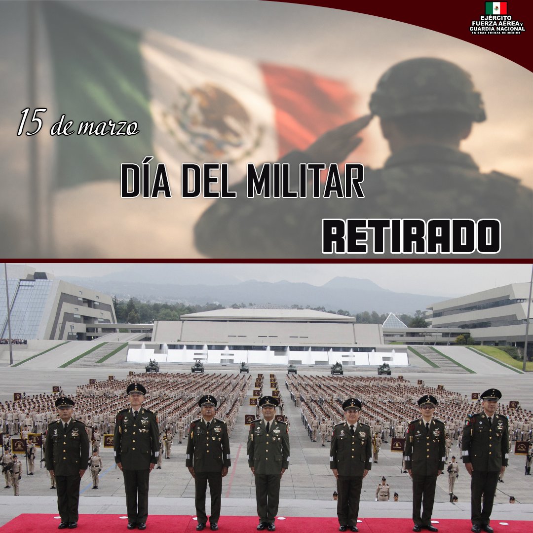 Defensamx1's tweet photo. 15 de marzo, “Día del Militar Retirado”.

Con el fin de fortalecer el sentido de pertenencia del personal militar retirado, el 15 de marzo de cada año se instauró el “Día del Militar Retirado”.

A quienes hoy se encuentran en situación de retiro, gracias por su entrega al servicio del Ejército, la Fuerza Aérea y la Guardia Nacional. Su ejemplo inspira y enorgullece a las nuevas generaciones de militares.

#EjércitoMexicano #FuerzaAéreaMx #GuardiaNacional #GuardianesDeLaSoberanía