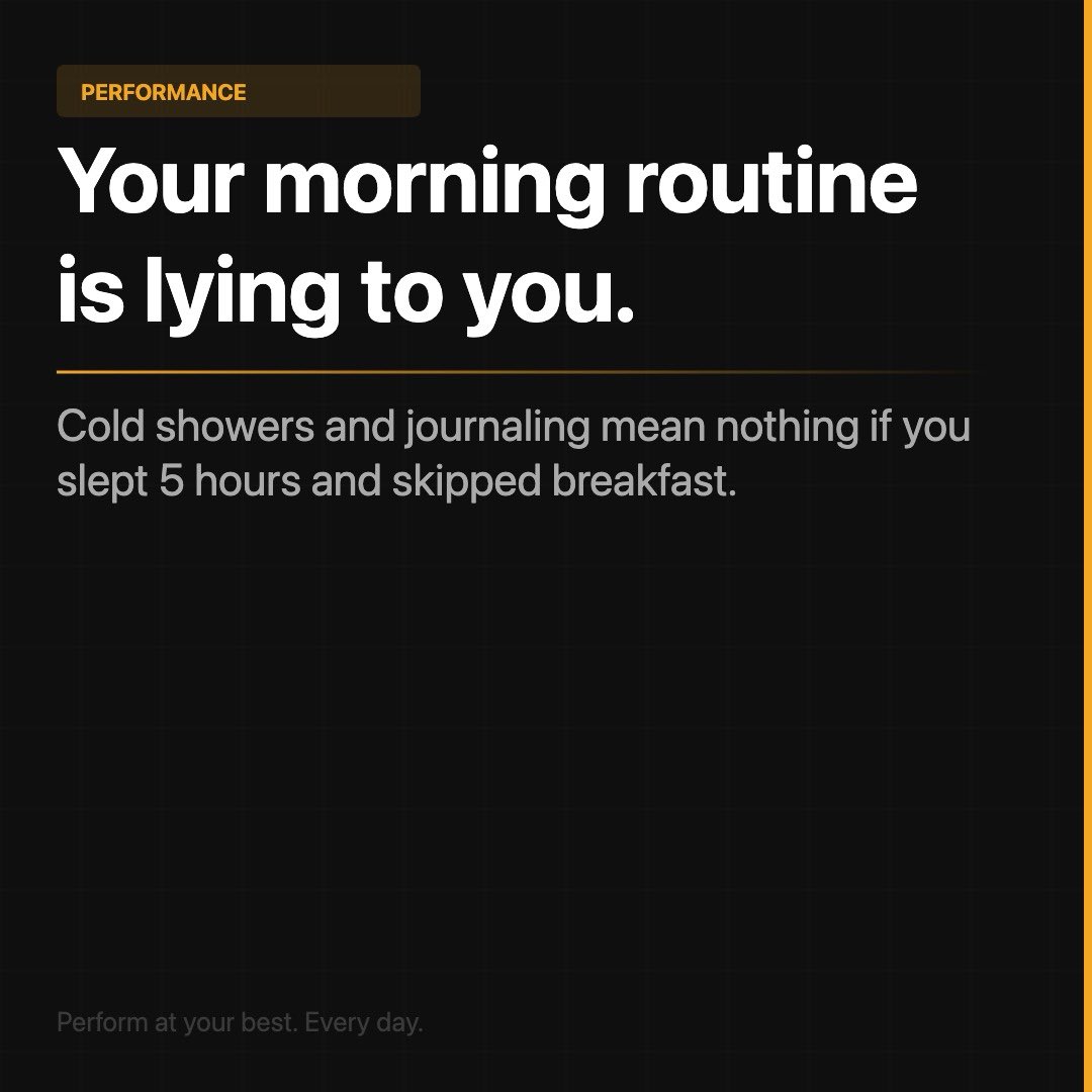 AshtoshRaval's tweet photo. Most "morning routine" advice skips the two things that actually matter.

Cold showers and journaling mean nothing if you slept 5 hours and skipped breakfast.

Fix the foundation first. Everything else is decoration.

#MorningRoutine #PerformanceHacks #ProfessionalWellness #SleepScience #Biohacking