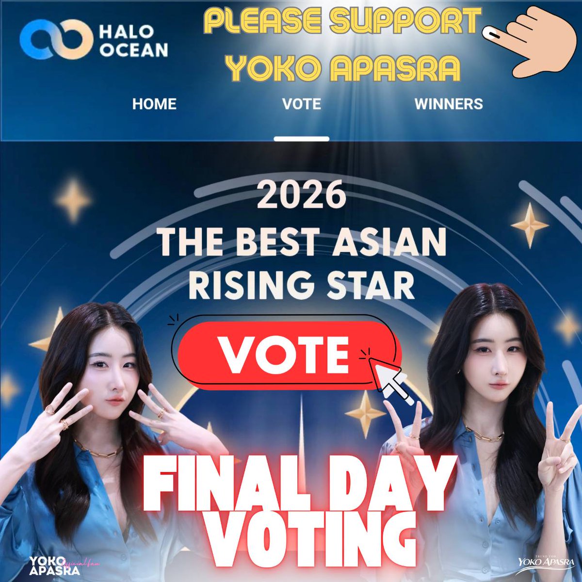 ⚡️𝑭𝒊𝒏𝒂𝒍 𝒅𝒂𝒚! 𝑷𝒍𝒆𝒂𝒔𝒆 𝒗𝒐𝒕𝒆 𝒇𝒐𝒓 𝒀𝒐𝒌𝒐 𝑨𝒑𝒂𝒔𝒓𝒂 🤍 ⚡️

𝐋𝐞𝐭’𝐬 𝐟𝐢𝐧𝐢𝐬𝐡 𝐬𝐭𝐫𝐨𝐧𝐠! ✨

#โยโกะอาภัสรา #YokoApasra
The Last Day Voting!!!!

Vote here 👇
haloocean.com/vote

#VoteForYoko
