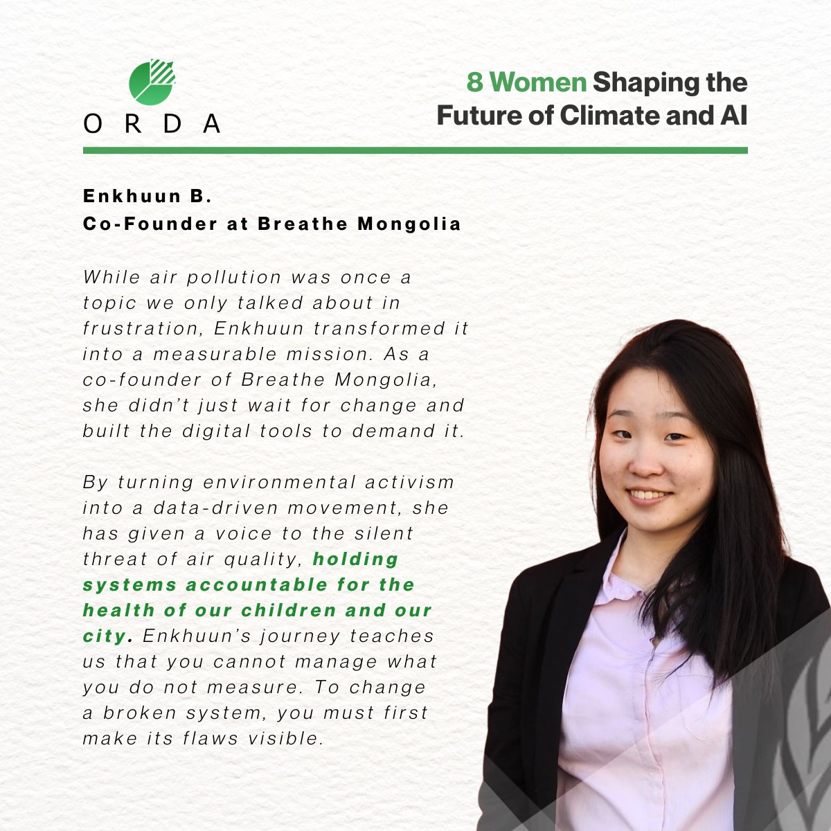 OrdaEarth's tweet photo. 💚8 Women Shaping the Future of Climate &amp; AI 

🌟Our #WomensHistoryMonth series shifts to the visionaries defining the soul of AI. By weaving data integrity and traditional wisdom into tech, they ensure our future is built on ethical truth and a human heart. 

#WomenInTech #AI https://t.co/I2D9zQIPMe