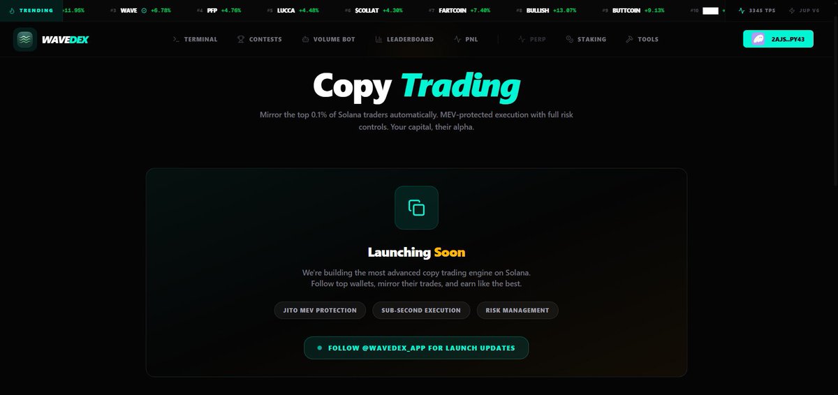 $WAVE dex drops soon → copy the best 0.1% Solana traders with MEV protection + sub-second fills + real risk management.

Your wallet, their edge.

Follow @WAVEdex_app 👀

We are real TEK project on <a href="/MeteoraAG/">Meteora</a> ecosystem 🌊 #Solana #Memecoins #Trading