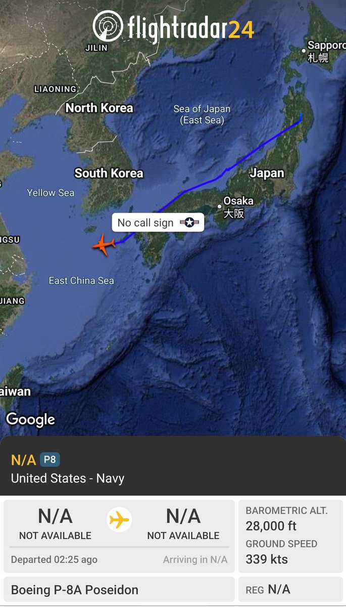 sipjack1776's tweet photo. P-8A 🇺🇲
#AE680C
Out of Misawa tracking west over the East China Sea.
@Borrowed7Time @N214WN https://t.co/AgPeX8UWLG