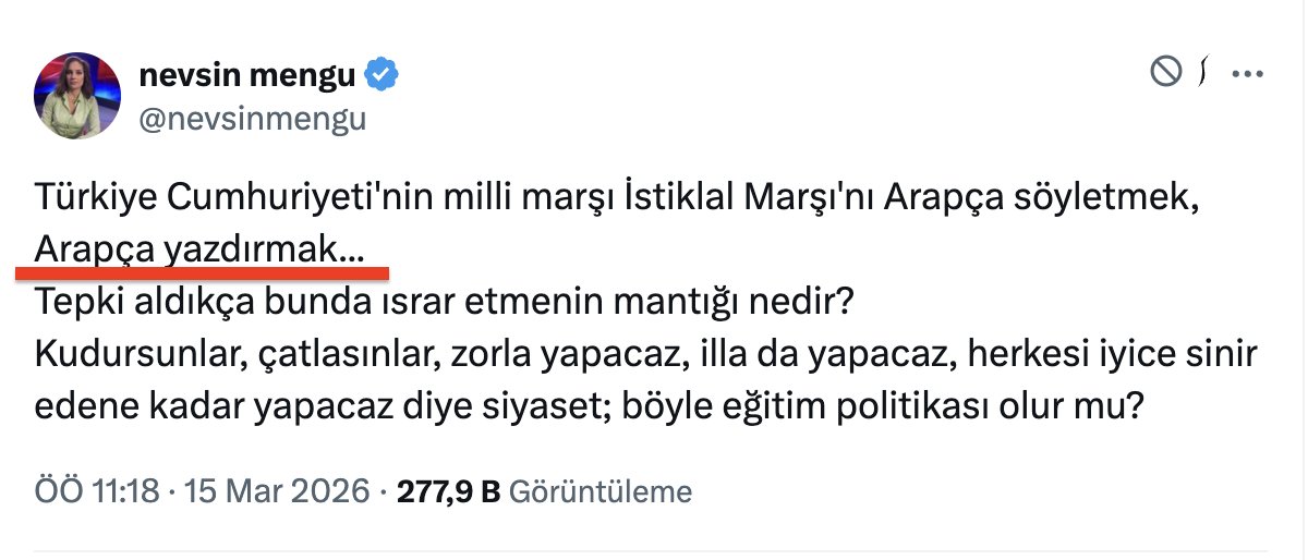 Cehalete bakar mısınız? Nevşin Mengü Mehmet Akif Ersoy'un İstiklal Marşı'nı Arap harfleriyle ama Türkçe yazdığını bilmiyor. Osmanlı Türkçesinden habersiz olacak kadar nasıl cahil kalabilir bir insan? 

Millete her fırsatta cahil diyen CHP'nin en itibarlı gazetecileri işte bunlar.