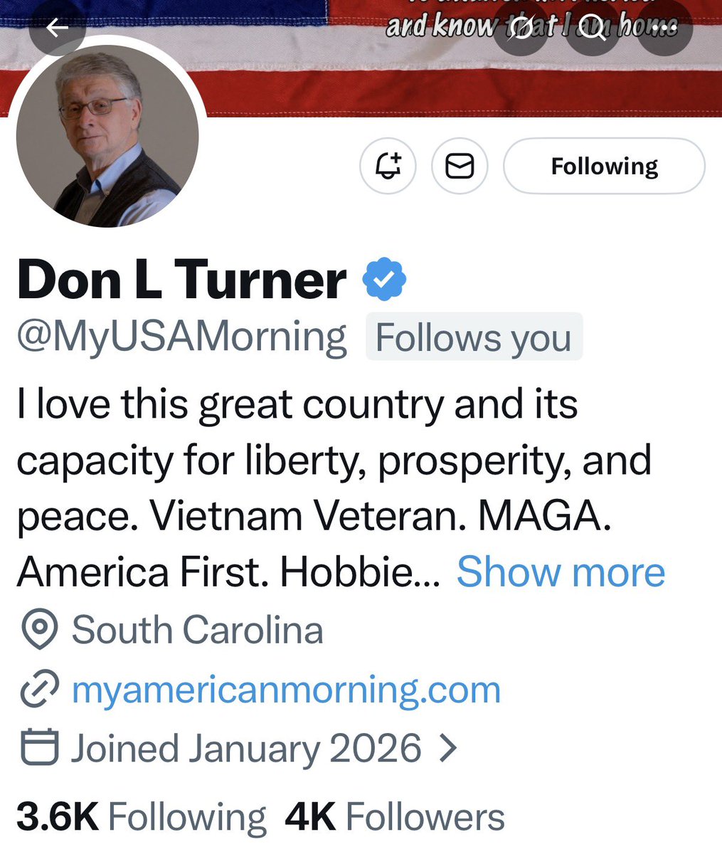 Please meet my friend <a href="/MyUSAMorning/">Don L Turner</a>.

Don is a Vietnam Veteran and a super guy. He’s also a wonderful Patriot that loves his country.

Please consider supporting Don.

Thank you for your service.🫡