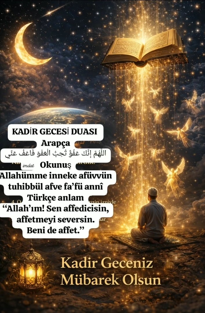 imdatuysal's tweet photo. Kadir gecesi Duası 🤲🌙

Arapça
اللَّهُمَّ إِنَّكَ عَفُوٌّ تُحِبُّ الْعَفْوَ فَاعْفُ عَنِّي
Okunuş
Allahümme inneke afüvvün tuhibbül afve fa’fü annî
Türkçe anlam
“Allah’ım! Sen affedicisin, affetmeyi seversin.
Beni de affet.” https://t.co/Wpj5BPQjpg
