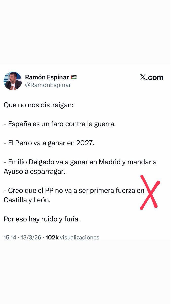 Que gran pronosticador es <a href="/RamonEspinar/">Ramón Espinar 🇵🇸</a> 

Sigue así, makina 

A la cueva. 

#CastillayLeón #PP #EleccionesCastillaYLeón2026