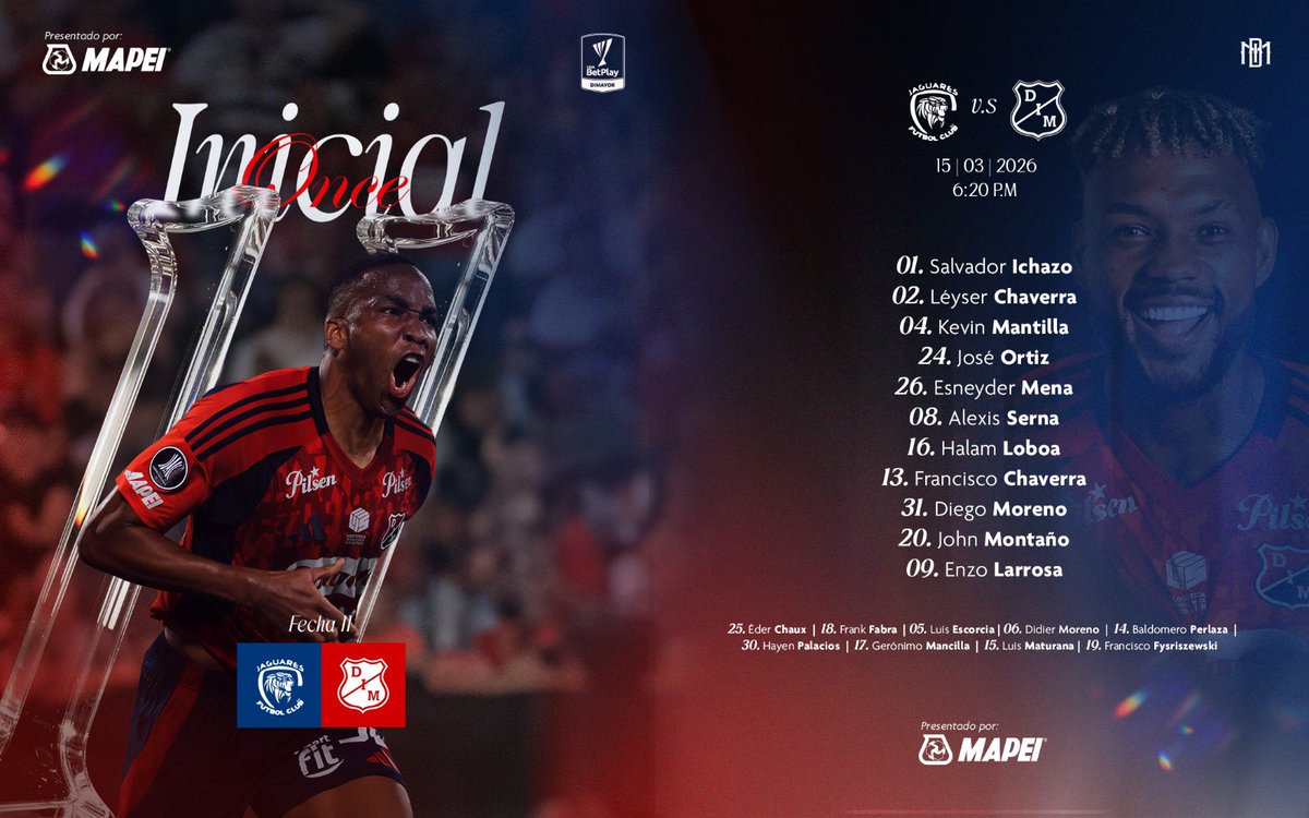 DIM_Oficial's tweet photo. [🔴🔵] La nómina del Poderoso para esta tarde de Liga en Jaraguay. 
Presentada por Mapei. https://t.co/WcluKqNeuU
