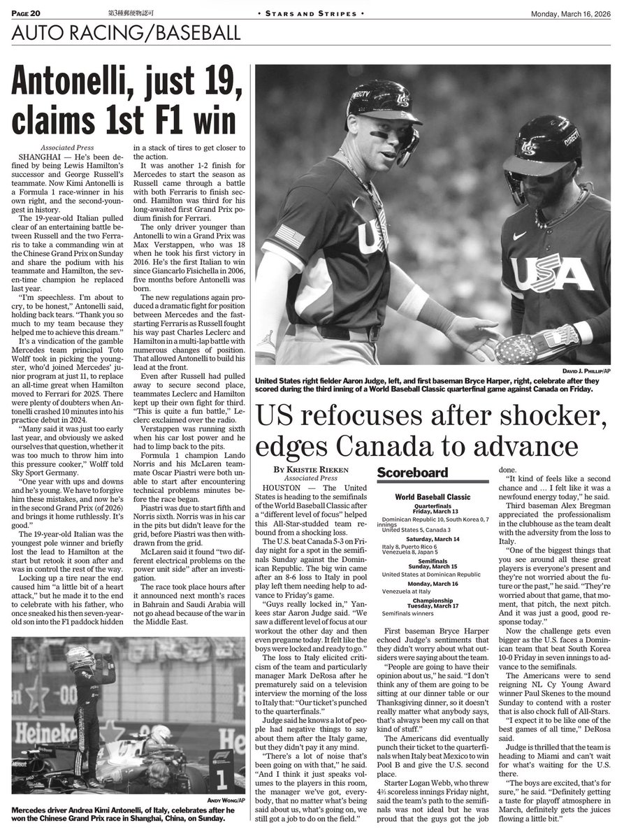 さて、次は #センバツ 。#沖縄尚学 を応援します。

#Venezuela 8 #Japan 6
'Trying to write our own history'
※3/16/2026、Stars and Stripes
#wbc2006 #侍ジャパン #Italy #イタリア がベスト4
#baseball
#TomorrowsPapersToday