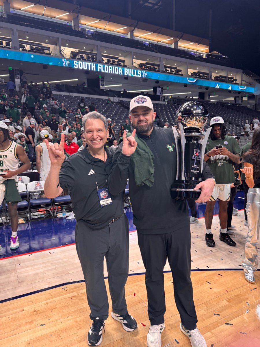 USF_Pres's tweet photo. What a great day! USF Men’s Basketball is now 7-0 since your new president arrived. Let’s all celebrate our championship!  We can’t wait to watch you in the big dance. https://t.co/z4CQqOeNox