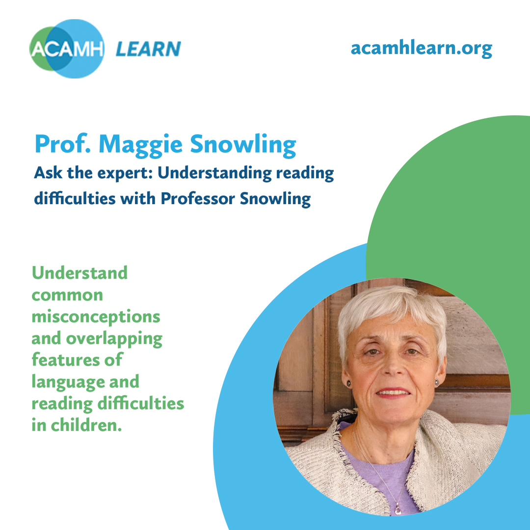 TheJCPP's tweet photo. In this @ACAMHLearn talk, Prof. Maggie Snowling (@UniofOxford) explores the relationship between #language &amp; #readingdevelopment in children. 

Watch now to understand common misconceptions &amp; overlapping features of language &amp; reading difficulties in CYP. https://t.co/7eQl5QNXVa https://t.co/yzR7sYlYSQ