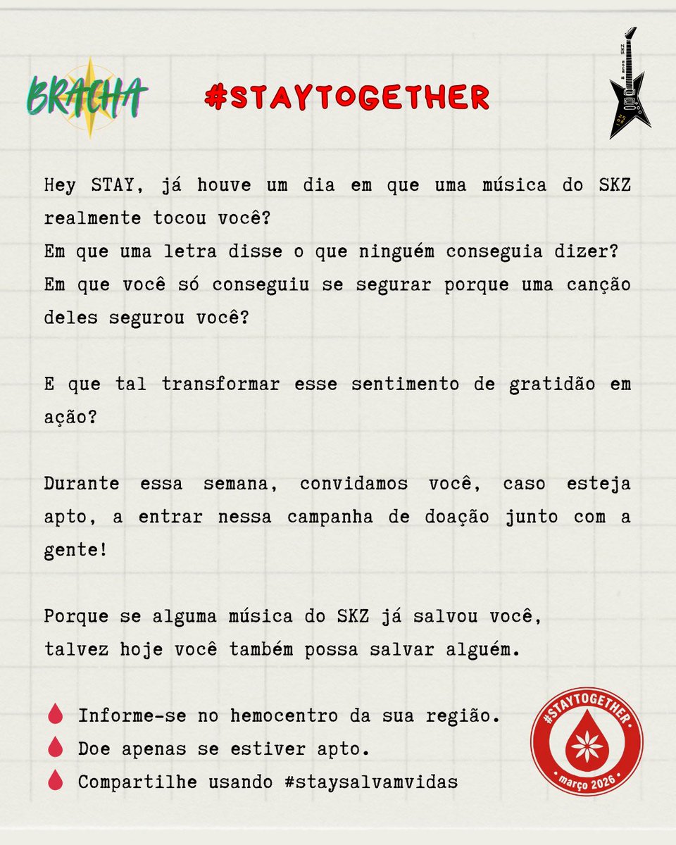 's tweet image. STAY, vamos fazer algo bonito juntos? 💉❤️

Criamos uma campanha de doação de sangue feita por STAYs para STAYs para ajudar a salvar vidas. Se puder doar, participe! Verifique os requisitos no hemocentro.

Poste nos stories, marque @skzbracha e use #STAYTogether