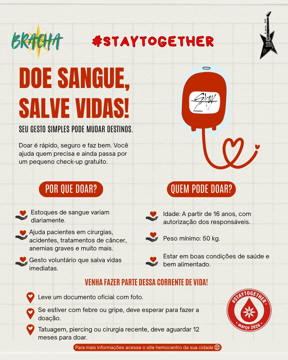 's tweet image. STAY, vamos fazer algo bonito juntos? 💉❤️

Criamos uma campanha de doação de sangue feita por STAYs para STAYs para ajudar a salvar vidas. Se puder doar, participe! Verifique os requisitos no hemocentro.

Poste nos stories, marque @skzbracha e use #STAYTogether